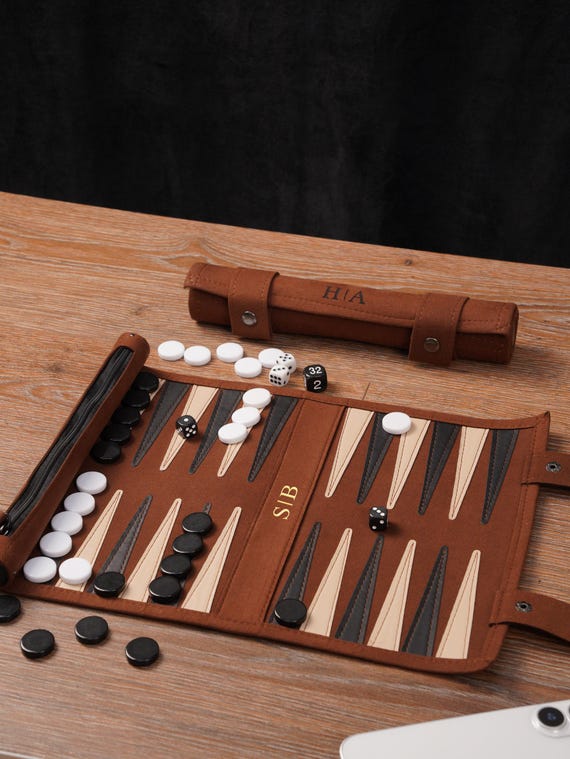 Personalized Leather Travel Backgammon, Custom Backgammon with Pieces, Luxury Travel Accessories, Backgammon Roll Up Board, Monogrammed gift