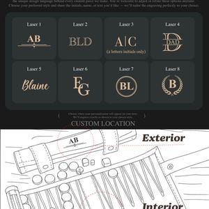 May include: Image displaying personalization choices for bespoke products. Features examples of initials and names in diverse fonts and styles, plus a diagram showing custom engraving locations on a backgammon board.