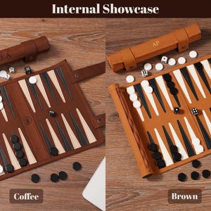 May include: Two backgammon sets in coffee and brown. Each set includes a leather case, dice, and game pieces. The coffee set has "HIA" initials, and the brown set has "AP" initials. The text "Internal Showcase", "Coffee", and "Brown" are visible.