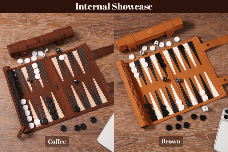 May include: Two backgammon sets in coffee and brown. Each set includes a leather case, dice, and game pieces. The coffee set has "HIA" initials, and the brown set has "AP" initials. The text "Internal Showcase", "Coffee", and "Brown" are visible.
