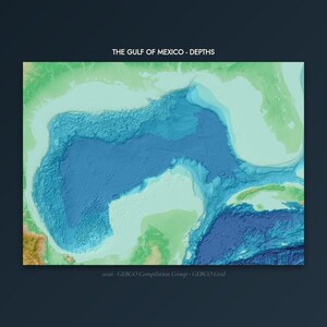 May include: A bathymetric map titled THE GULF OF MEXICO - DEPTHS, displaying underwater topography in shades of blue and green. The map features deep ocean basins in dark blue and shallower coastal areas in light green, with 2026 GEBCO Compilation Group - GEBCO Grid text at the bottom.
