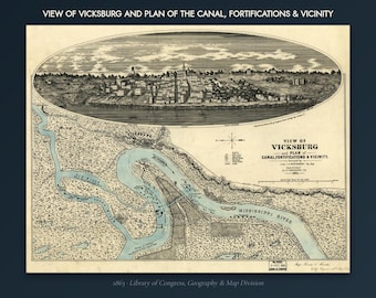 Vicksburg-Stadtplan von 1863 – Historischer Stadtplan von Vicksburg, Mississippi – Antiker Stadtplan aus der Vogelperspektive