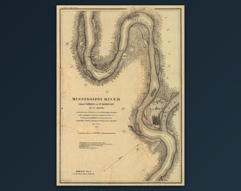 Mississippi-Flusskarte von 1865 – Historische Wandkarte des Mississippi – Antike Seekarte (digitaler Download)