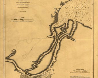 May include: A black and white nautical chart titled Mouths of Roanoke River North Carolina, featuring detailed hydrographic soundings, a compass rose, scale bars in nautical miles and yards, and explanatory notes regarding water depths and tides.