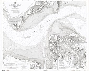 May include: A black and white nautical chart titled Hampton Roads, Virginia, featuring detailed hydrographic data, depth soundings, compass roses, and land topography. The map includes a smaller inset map of Norfolk and surrounding waterways.