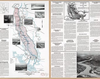 May include: A two-page informational document titled Atchafalaya Outlet, LA, 1961. The left page features a map of the Atchafalaya Basin with inset photographs and a legend. The right page contains detailed text columns, a flood map, and a large aerial photograph.