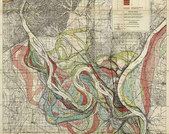 May include: A geological map titled Mississippi River Meander Belt, Plate 22, Sheet 1, displaying ancient river courses in red, green, blue, and yellow. It includes a legend, notes, and grid lines over a detailed topographical landscape.