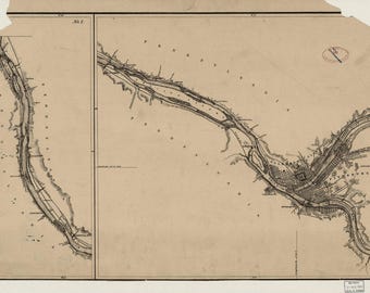 May include: A vintage black and white map on aged paper showing the Allegheny River and the city of Pittsburgh, Pennsylvania. The map features detailed river topography, labeled landmarks, and grid lines, with a vertical section on the left.