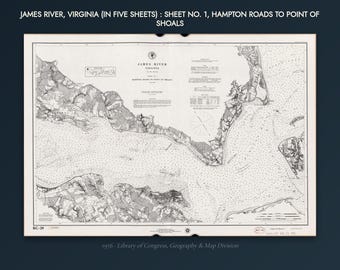James-River-Karte von 1976 – Historische Karte des James River in Virginia – Klassische Seekarten-Grafik