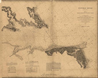May include: A vintage nautical chart titled Potomac River, Sheet No. 1, From Entrance to Piney Point. The map features detailed hydrographic soundings, a compass rose, and land topography in sepia tones, published by the U.S. Coast Survey.