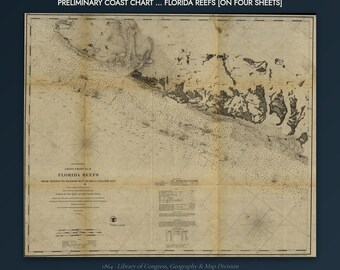 Kartendruck der Florida-Riffe von 1864 – Vintage-Wandbild mit Karte der Florida-Riffe – Antiker Seekartendruck
