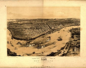 May include: A sepia-toned bird's-eye view print of New Orleans in 1850, featuring the Mississippi River with multiple steamboats and sailing vessels. The city grid is visible along the riverbank, with text reading BIRD'S EYE VIEW OF NEW-ORLEANS.