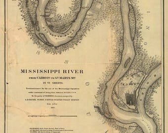 May include: A vintage black and white nautical map titled MISSISSIPPI RIVER FROM CAIRO ILL TO ST MARYS MO IN VI SHEETS. The map displays the river path, including Dog Tooth Bend and Abel's Bend, with detailed topography, labels, and a scale bar.