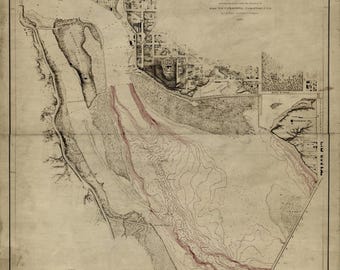 May include: A 1871 hydrographic map of the Potomac River from Aqueduct Bridge to Long Bridge in Washington, D.C. The map features detailed black ink contour lines on a beige background, with specific river channels highlighted in a faded red ink.
