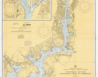 May include: A nautical chart of the Potomac River from Mattawoman Creek to Georgetown, featuring a light yellow land background, blue water depths, black contour lines, navigational markers, and an inset map of Washington Harbor.
