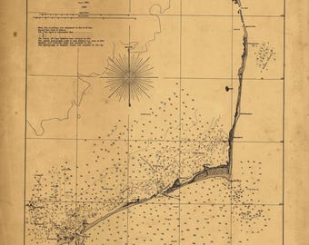 May include: A 1851 U.S. Coast Survey map titled Sketch of the Coast of North Carolina from Oregon Inlet to Ocracoke Inlet. The black and white nautical chart features a compass rose, depth soundings in feet, and a grid overlay on paper.