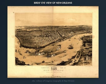 New Orleans Stadtplan als Kunstdruck | Historische Karte von New Orleans (1851) | Wandbild aus Louisiana | Antiker Stadtplan in Vogelperspektive (digitaler Download)