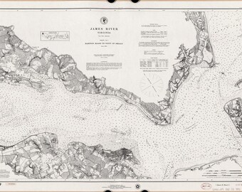 May include: A black and white nautical chart titled James River Virginia, Hampton Roads to Point of Shoals, Sheet No. 1. The map displays detailed coastal topography, water depths, a compass rose, and various navigational notes and legends.