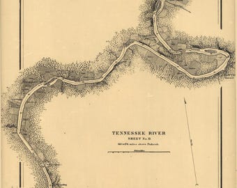 May include: A black and white historical map titled Tennessee River Sheet No. II, 145 to 174 miles above Paducah. The map depicts the winding river path with surrounding terrain, labeled towns, and a scale bar in statute miles.