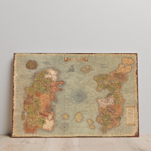 May include: A framed map of Azeroth, featuring detailed illustrations of Kalimdor and the Eastern Kingdoms. The map has a vintage aesthetic with a brown border and a parchment-like background. The map includes the text "Azeroth".