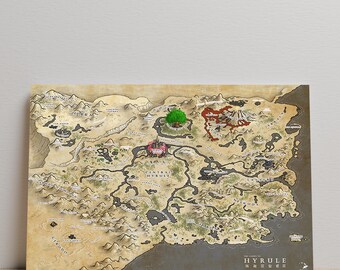 Hyrule Map Poster, Legend of Zelda Wall Art, Unframed Canvas Print, Gamer Room Decor