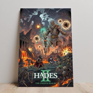Può includere: Un poster vibrante con una scena di battaglia fantasy con il testo "HADES II THE UNSEEN REALM". L'opera d'arte raffigura un paesaggio infuocato con figure mitiche, guerrieri e scheletri impegnati in combattimento. La tavolozza dei colori include sfumature di arancione, rosso e blu.
