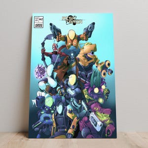 May include: A poster featuring a group of stylized characters, likely from a video game or comic. The characters are in various poses, with a mix of futuristic and fantasy elements. The poster has the text "Risk of Rain" at the top and "#2" in the upper left corner.
