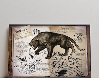 Plakat Ark Survival Evolved, grafika ścienna Sabertooth, wydruk Dossiers, wydruk na płótnie bez ramki, prezent dla gracza