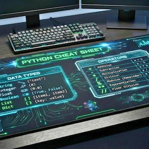 May include: A black and green Python cheat sheet mousepad with neon blue and green accents. The mousepad features data types and operators, along with the text "PYTHON CHEAT SHEET". A keyboard and mouse are also visible.