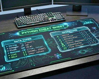 Python Cheat Sheet Desk Mat | Programmer Coding Reference Mousepad | Cyberpunk HUD Dark Mode | Software Engineer Gift | Computer Science