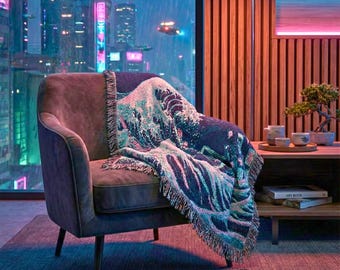 Coperta intrecciata Cyberpunk Great Wave / Arazzo Neo Tokyo iperrealistico / Coperta Hokusai Neon Noir / Arredamento per la casa streetwear giapponese