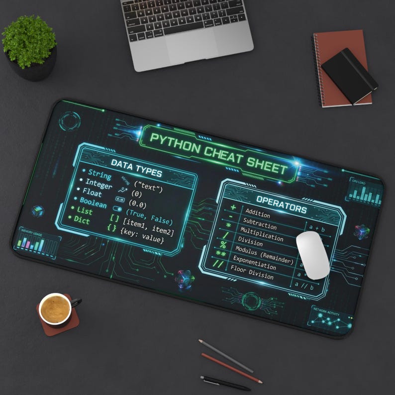 Tappetino da scrivania con promemoria Python / Tappetino per mouse di riferimento per programmatori / Modalità scura HUD Cyberpunk / Regalo per ingegneri del software / Informatica immagine 9