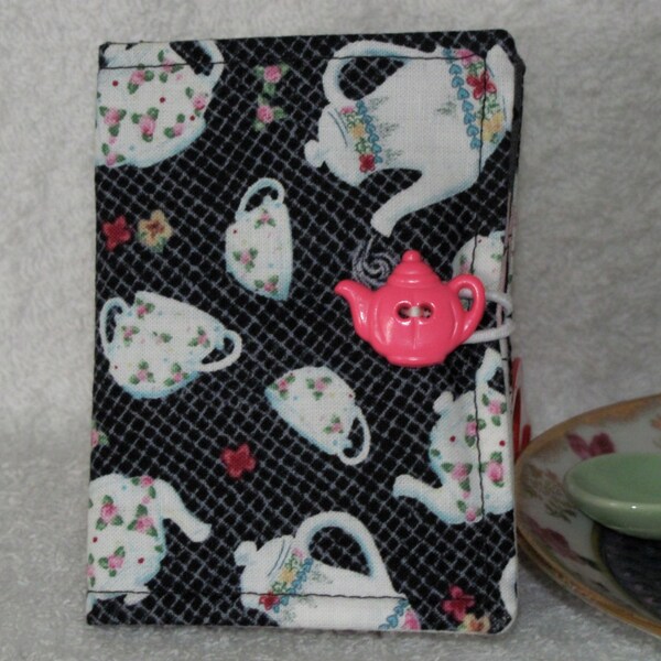 Quilted Tea Wallet Tea Bag Holder Teapot/Teacup Black Fabric Pink Stripe Polka Dot Fabric Tea leaf Accent Stitch Pink Teapot Button Mom Gift