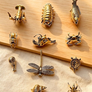 Könnte beinhalten: Eine Sammlung kleiner, detaillierter Messingfiguren verschiedener Insekten und Meeresbewohner. Die Auswahl umfasst einen Skorpion, einen Käfer, einen Fisch, eine Krabbe, eine Schnecke, eine Libelle und eine Schildkröte. Die Figuren werden auf einer Holzoberfläche präsentiert.