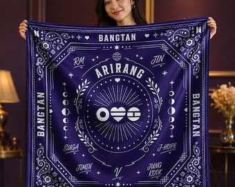 BTS Inspired Bandana, Kpop ARMY Square Scarf, 7 Color Options, Purple Pink Blue Black Red White, 27 Inch Concert Head Scarf Gift