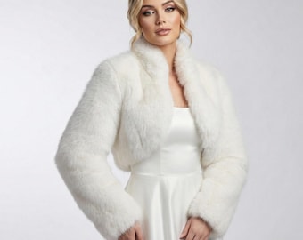 Langarm Kunstpelz Bolero Jacke, Eleganter Winter Shrug Mantel für Hochzeiten & formelle Veranstaltungen, Braut Wrap Cover Up, Brautjacke
