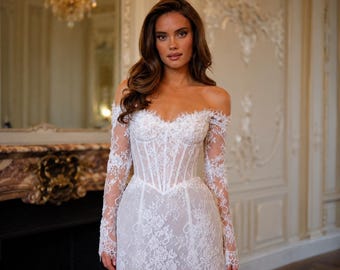 Custom White Off Shoulder Wedding Dress, Lace Long Sleeve Bridal Gown, Mini Wedding Dress, Back Lace-Up Bride Dress, After Party Dress