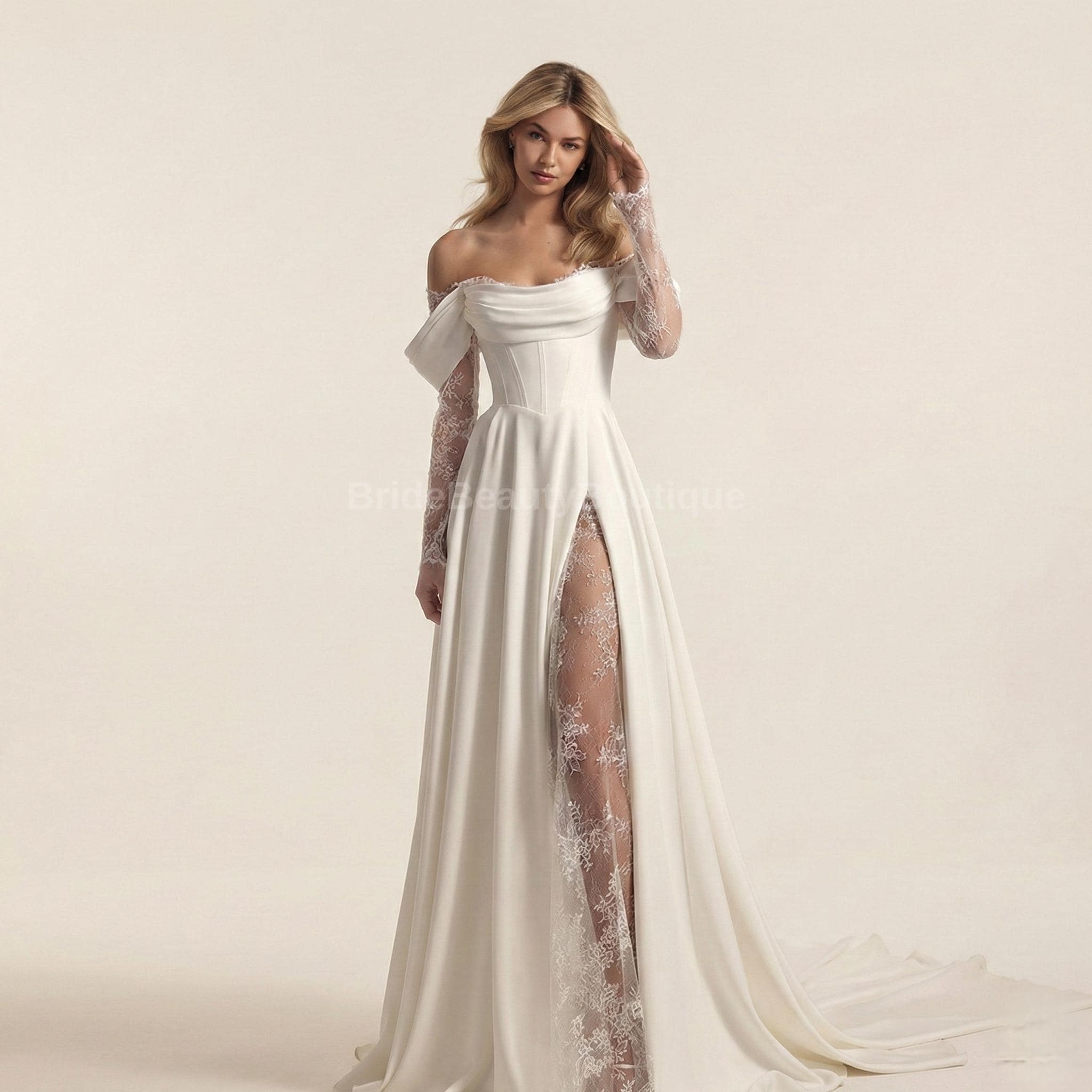 white long sleeve corset dress Momyknows White Lace Corset Square Neck Flare Sleeve Off Shoulder Bodycon Elegant Cocktail Party Maternity Photoshoot Baby Shower Maxi Dress White / L main image 1