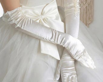 Ivory Wedding Gloves, Matte Satin Bridal Accessories, Opera Length Formal Gloves, Above Elbow & Wrist Length Gloves for Brides, Evening Wear