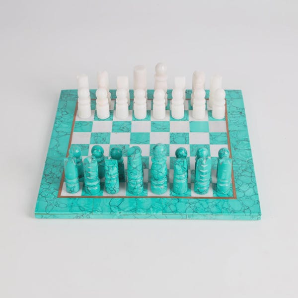 Luxury Handcrafted Turquoise Chess Set | Natural Stone Chess Board | Artisan Carved Chess Pieces