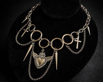 Gothic Cross & Winged Heart Necklace, Stainless Steel Statement Chain, 16” Toggle Clasp