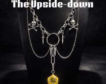 The Upside-Down Gothic D20 Necklace – Stainless Steel Skull & Dagger Statement Chain, 18.5” Toggle Clasp- Chainmail