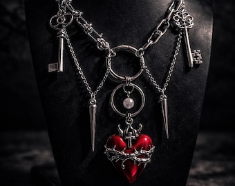 Heart of Thorns – Gothic Sacred Heart Necklace, Stainless Steel Statement Chain, 17” Toggle Clasp - vamp jewelry - Romeo & Juliet