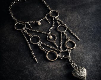 Gothic Chainmail Locket Necklace – Stainless Steel Dagger Charm Necklace – 17" Toggle Clasp – Working Heart Locket – Dark Romantic Jewelry