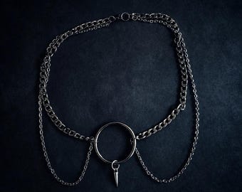 Midnight Orbit – Gothic Layered Chain Necklace, Stainless Steel Spike Drop, 16” Lobster Clasp