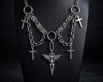 Archangel – Gothic Chainmail Cross Necklace, Stainless Steel Statement Chain, 18” Toggle Clasp