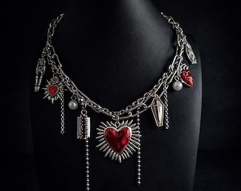 Gothic Sacred Heart Charm Necklace – Stainless Steel 16” Toggle Clasp – Dark Romantic Charm Necklace with Coffin, Razor, Skeleton, Pearl