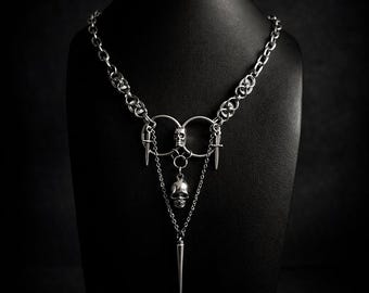 Gravebound Gothic Chainmail Necklace – Stainless Steel Skull & Spike Statement, 18” Toggle Clasp