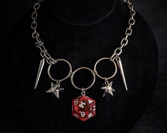 Crimson Red D20 Gothic Statement Necklace – Stainless Steel Toggle Chain, Handmade Gamer Jewelry - Dice & Spikes