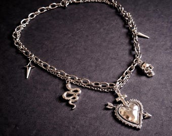 Venomous Devotion – Gothic Charm Necklace, Stainless Steel Sacred Heart & Skull, 17.5” Toggle Clasp